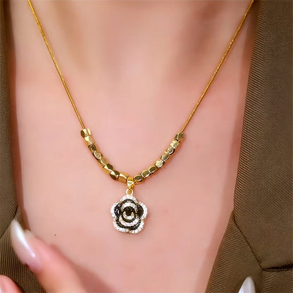 14K Gold-Plated Diamond Black Camellia Necklace