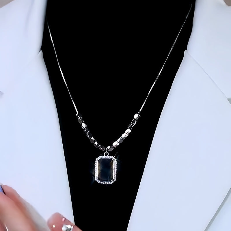 14K Gold-Plated Diamond Black Square Necklace