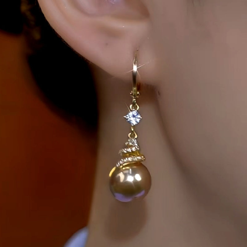 14K Gold-Plated Diamond Brown Pearl Earrings