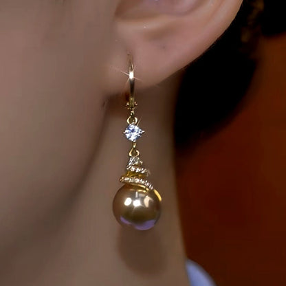 14K Gold-Plated Diamond Brown Pearl Earrings