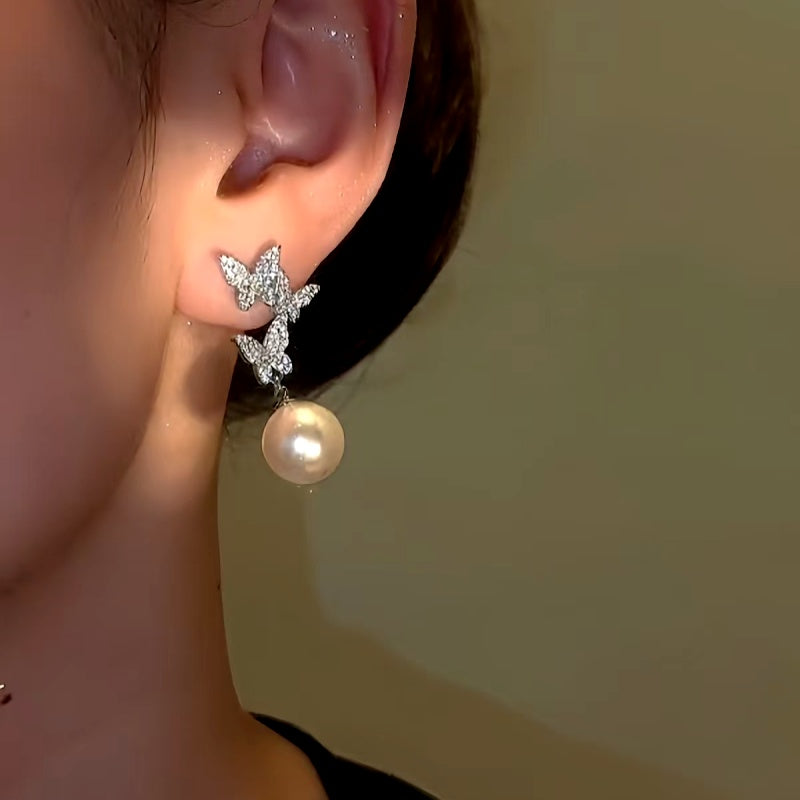 14K Gold-Plated Diamond Butterfly Pearl Earrings