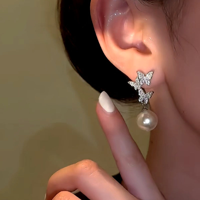 14K Gold-Plated Diamond Butterfly Pearl Earrings