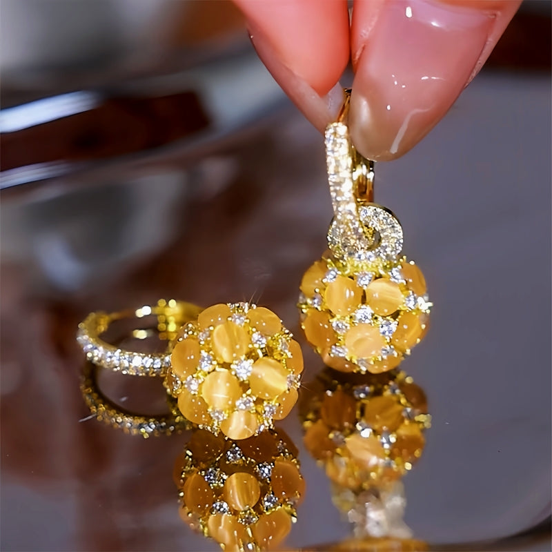 14K Gold-Plated Diamond Cat's Eye Ball Earrings
