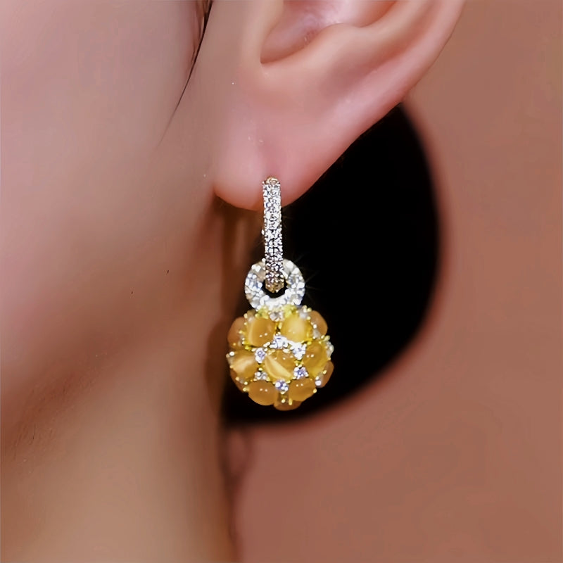 14K Gold-Plated Diamond Cat's Eye Ball Earrings