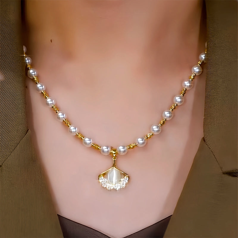 14K Gold-Plated Diamond Cat's Eye Ginkgo Leaf Pearl Necklace
