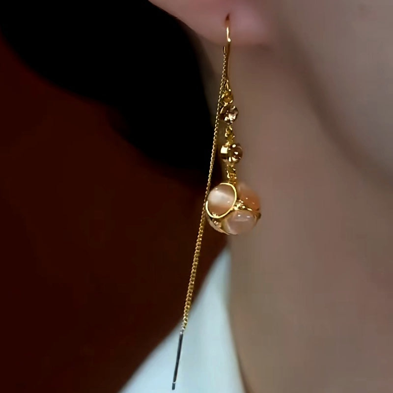 14K Gold-Plated Diamond Cat's Eye Stone Ball Threader Tassel Earrings
