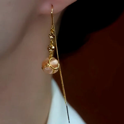 14K Gold-Plated Diamond Cat's Eye Stone Ball Threader Tassel Earrings