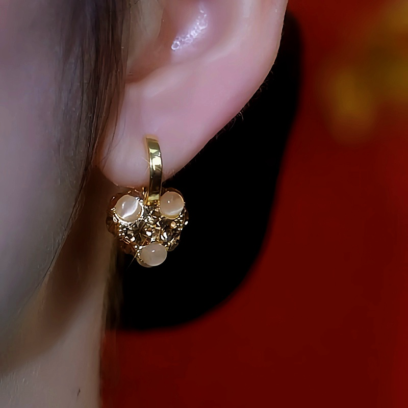 14K Gold-Plated Diamond Cat's Eye Stone Heart Earrings
