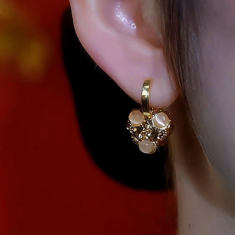 14K Gold-Plated Diamond Cat's Eye Stone Heart Earrings