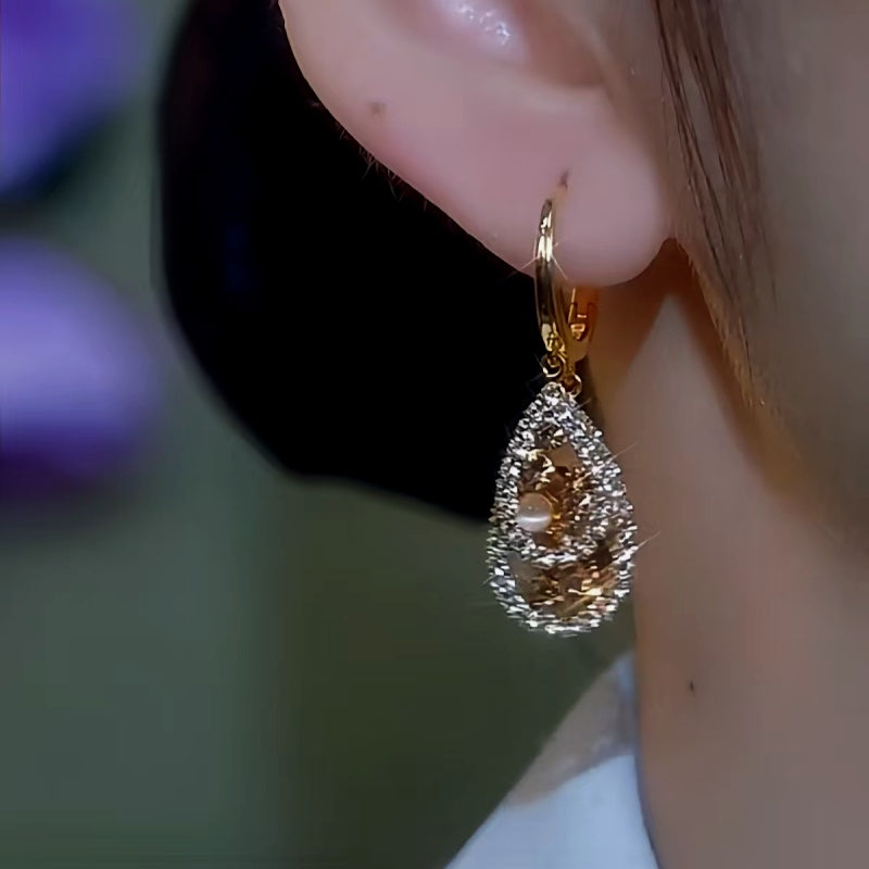 14K Gold-Plated Diamond Cat's Eye Stone Water Drop Earrings