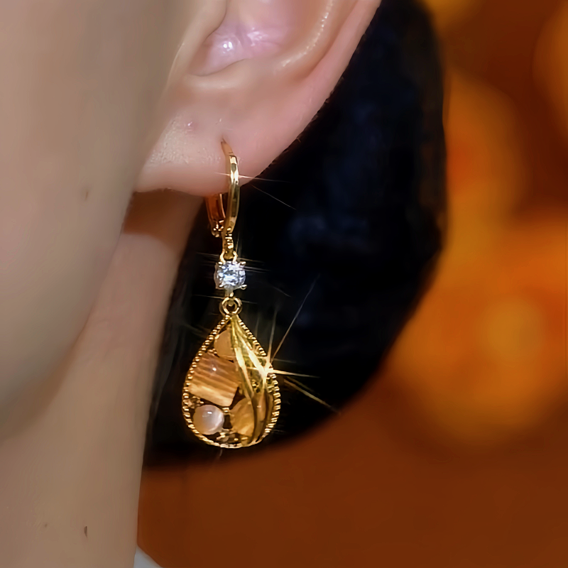 14K Gold-Plated Diamond Cat's Eye Water Drop Earrings