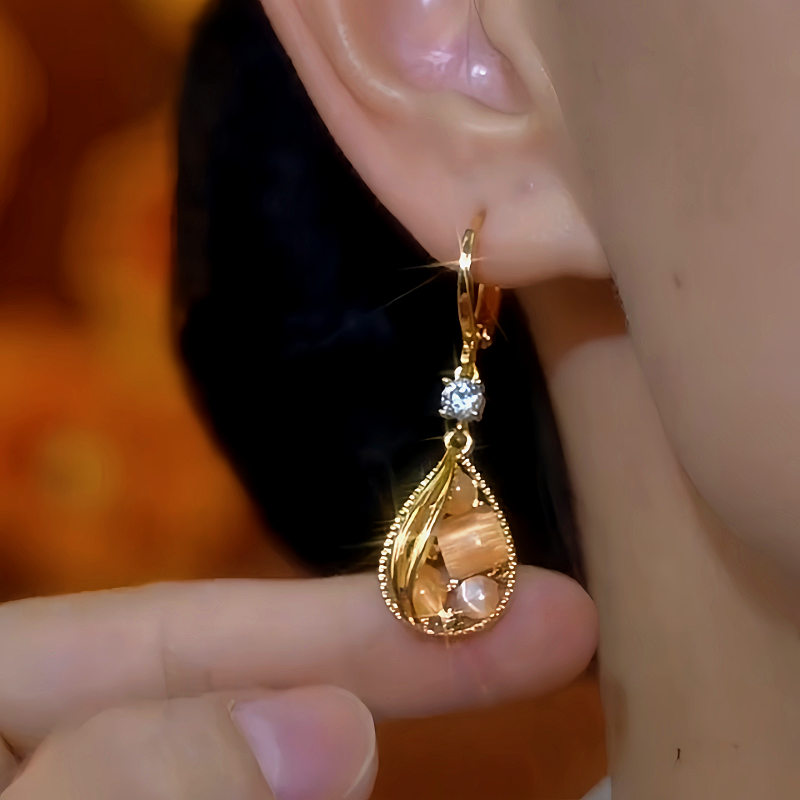 14K Gold-Plated Diamond Cat's Eye Water Drop Earrings