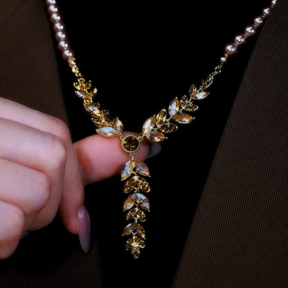 14K Gold-Plated Diamond Cat's Eye Wheat Pearl Sweater Necklace