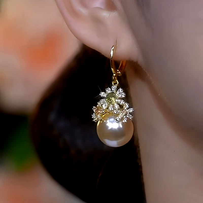 14K Gold-Plated Diamond Flower Pearl Earrings