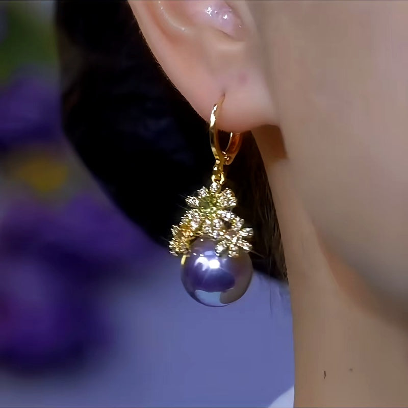 14K Gold-Plated Diamond Flower Purple Pearl Earrings