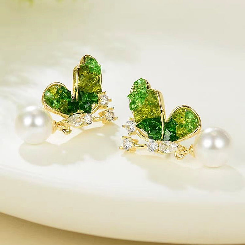 14K Gold-Plated Diamond Gradient Green Butterfly Crystal Pearl Earrings