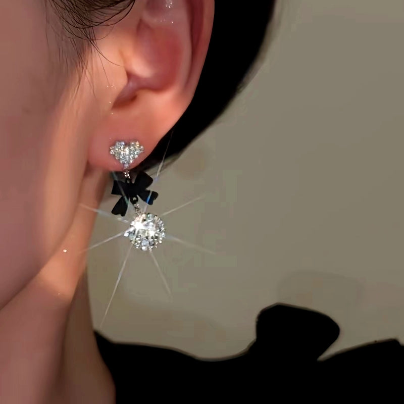 14K Gold-Plated Diamond Heart Bow Crystal Earrings