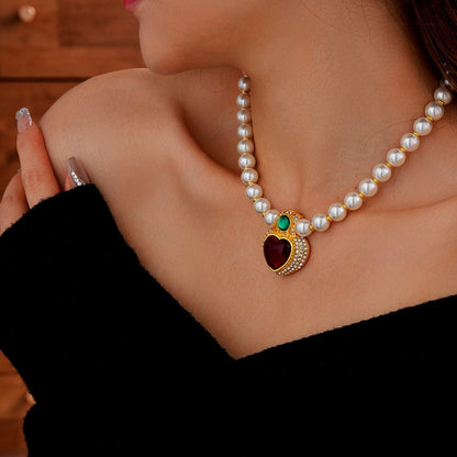 14K Gold-Plated Diamond Heart Pearl Necklace