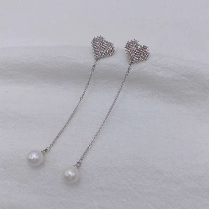 14K Gold-Plated Diamond Heart Pearl Tassel Earrings