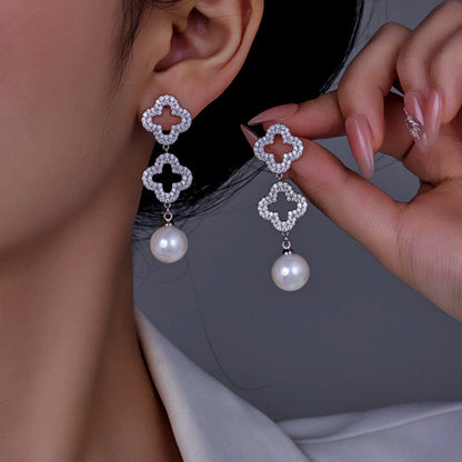 14K Gold-Plated Diamond Hollow Four-Leaf Flower Pearl Earrings