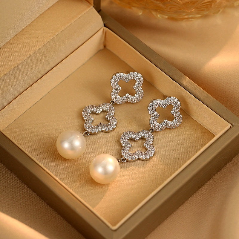 14K Gold-Plated Diamond Hollow Four-Leaf Flower Pearl Earrings