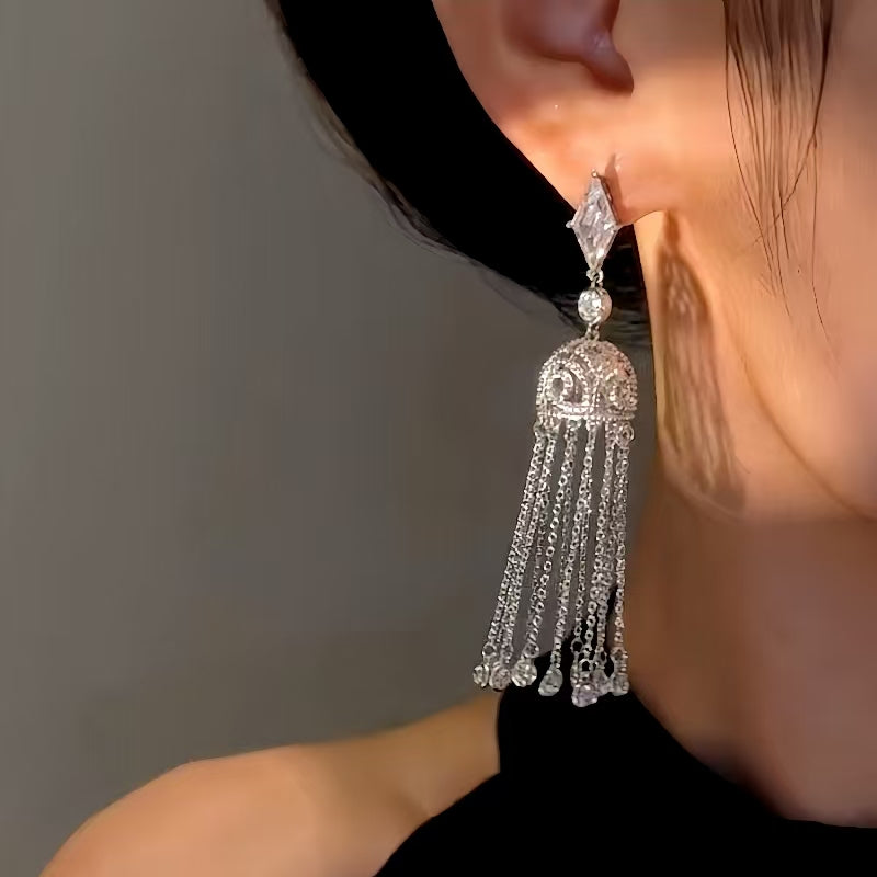 14K Gold-Plated Diamond Lantern Crystal Tassel Long Earrings