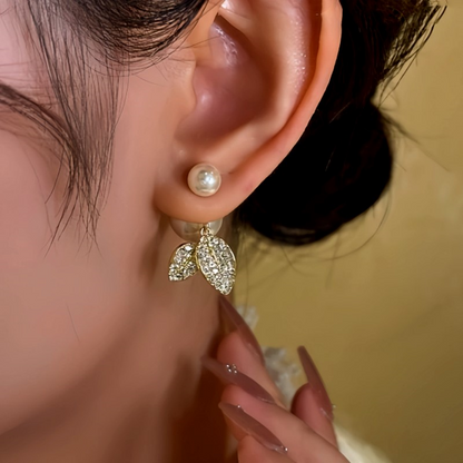 14K Gold-Plated Diamond Leaf Pearl Earrings