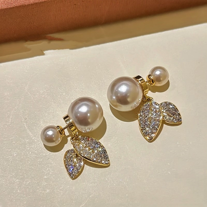14K Gold-Plated Diamond Leaf Pearl Earrings