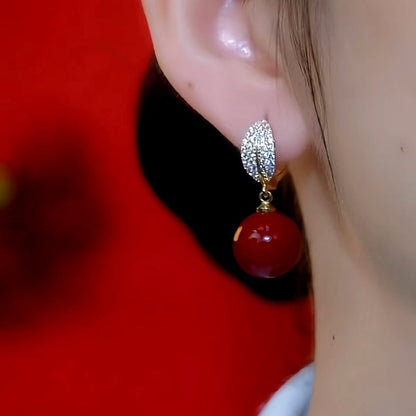 14K Gold-Plated Diamond Leaf Red Bead Earrings