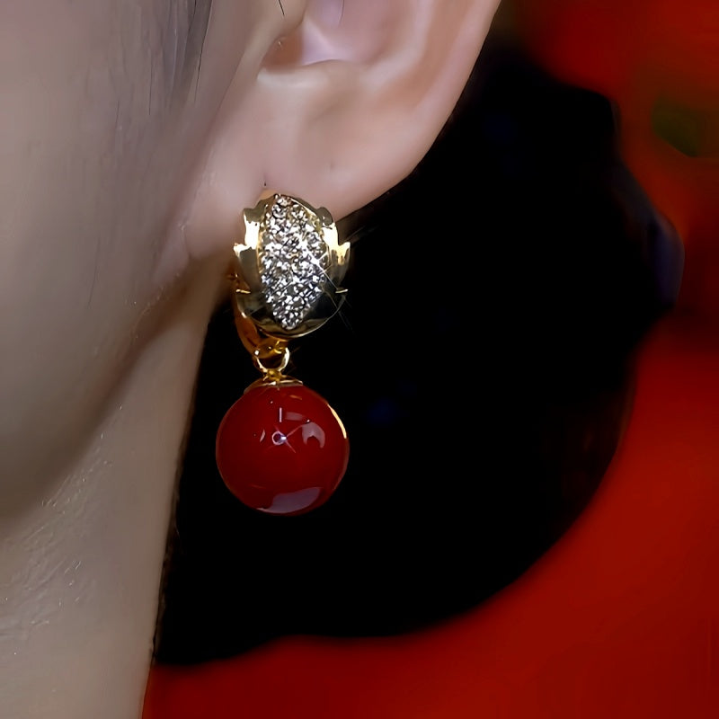 14K Gold-Plated Diamond Leaf Red Pearl Earrings
