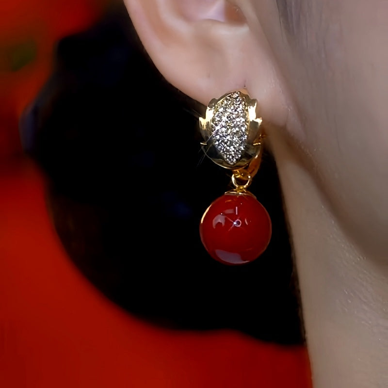 14K Gold-Plated Diamond Leaf Red Pearl Earrings