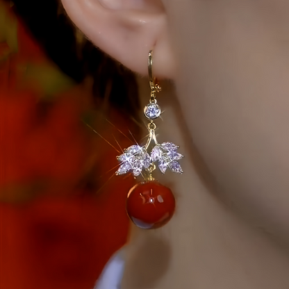 14K Gold-Plated Diamond Leaf Red Pearl  Earrings