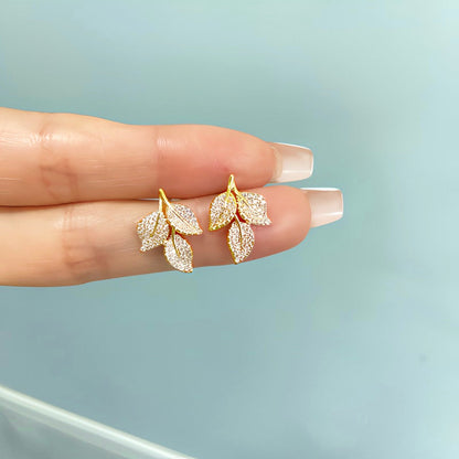 14K Gold-Plated Diamond Leaf Studs