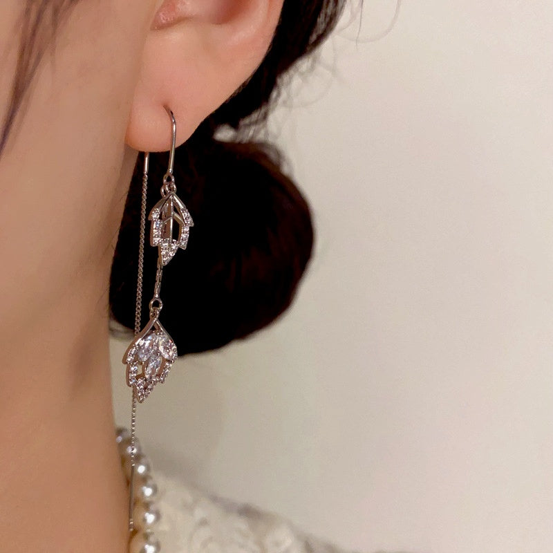 14K Gold-Plated Diamond Leaf Threader Tassel Earrings