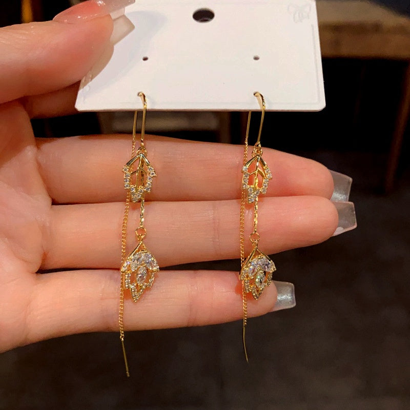 14K Gold-Plated Diamond Leaf Threader Tassel Earrings