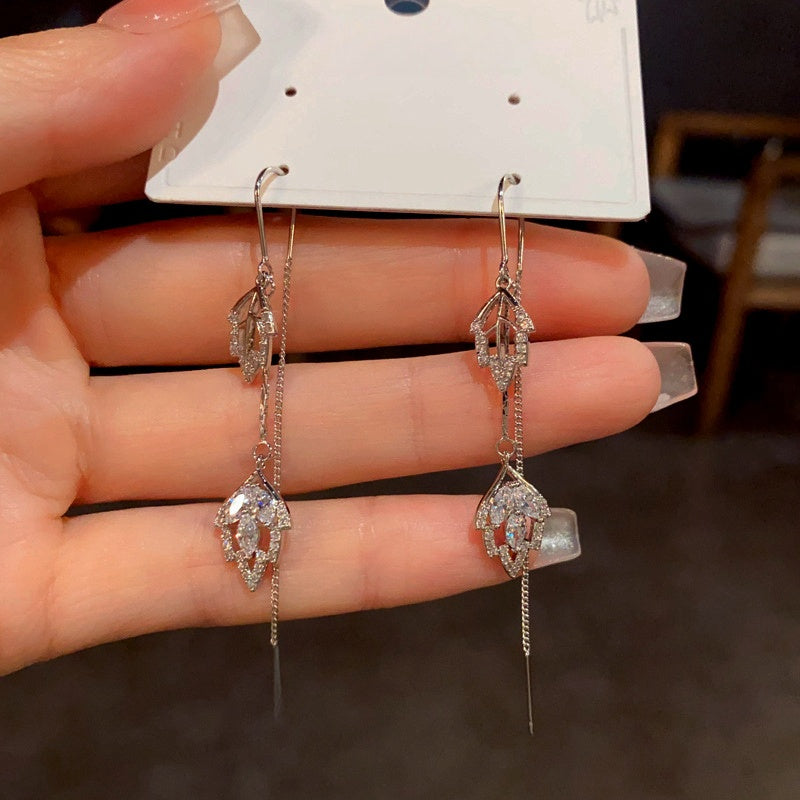 14K Gold-Plated Diamond Leaf Threader Tassel Earrings