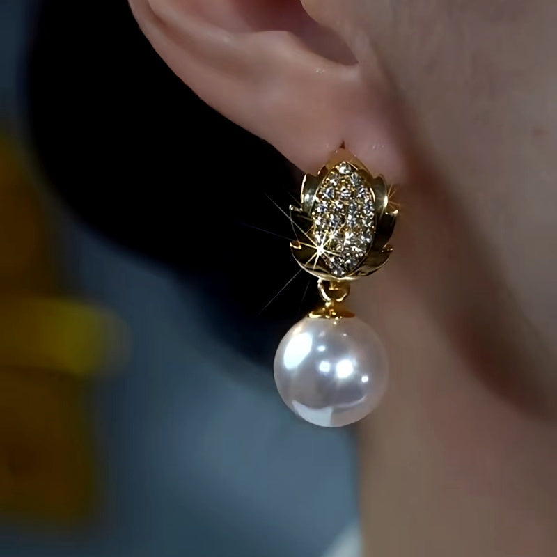 14K Gold-Plated Diamond Leaf White Pearl Earrings