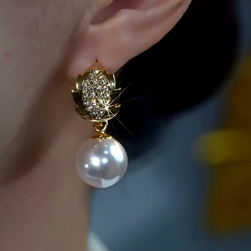 14K Gold-Plated Diamond Leaf White Pearl Earrings