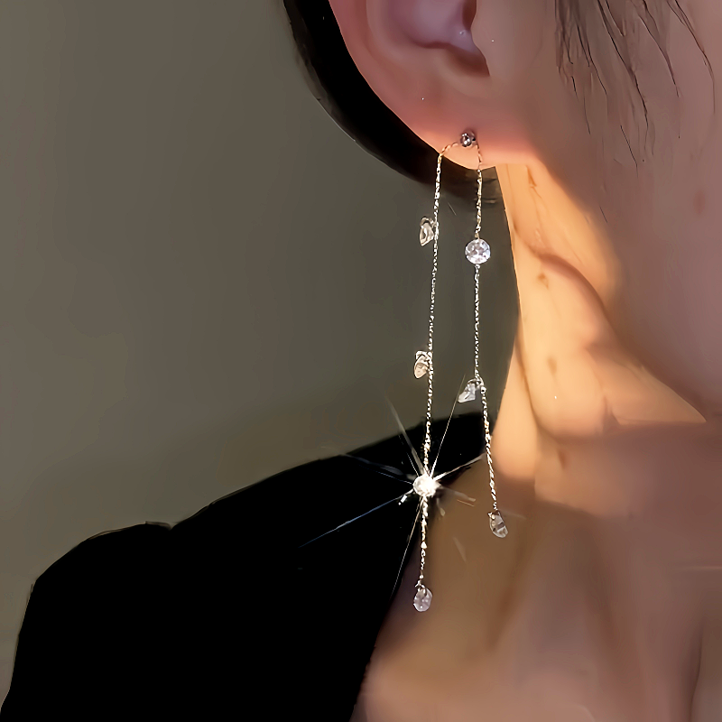 14K Gold-Plated Diamond Long Tassel Earrings