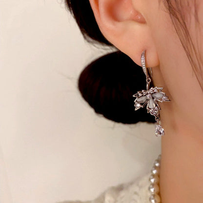 14K Gold-Plated Diamond Maple Leaf Water Drop Ear Hooks