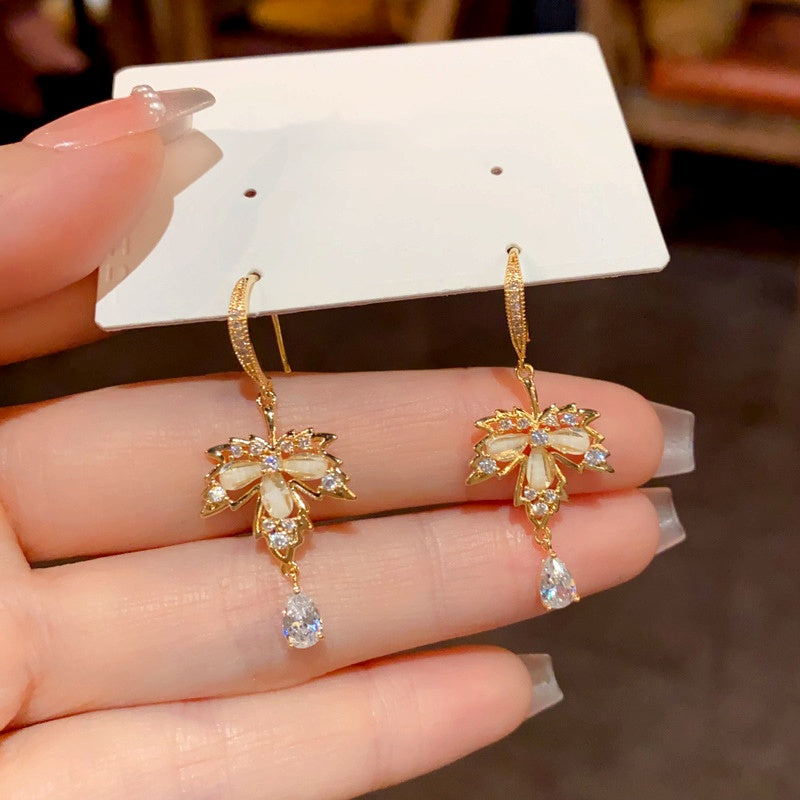 14K Gold-Plated Diamond Maple Leaf Water Drop Ear Hooks