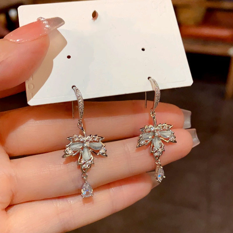 14K Gold-Plated Diamond Maple Leaf Water Drop Ear Hooks