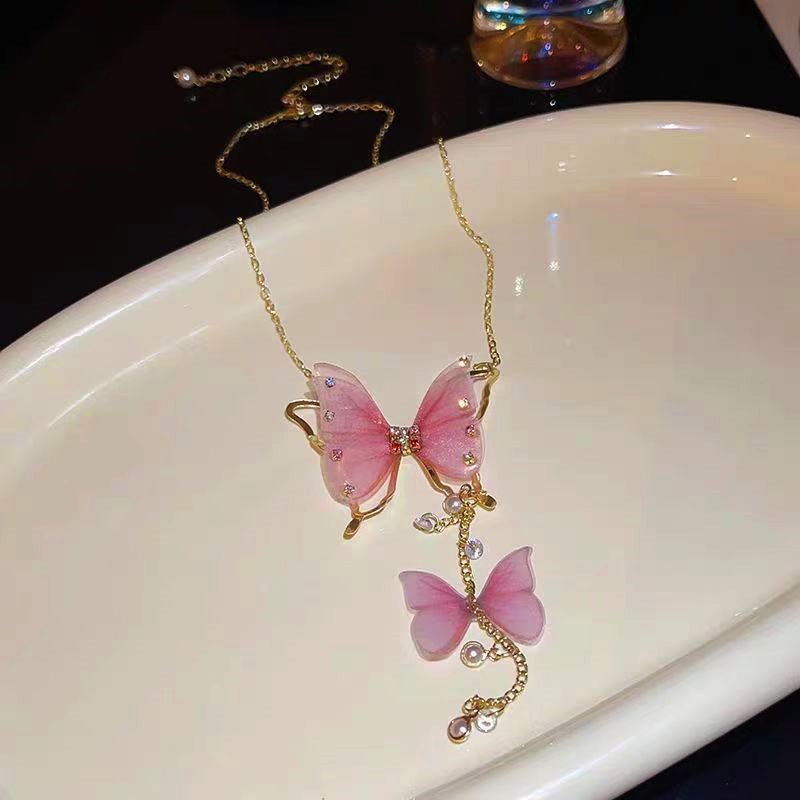 14K Gold-Plated Diamond Pearl Butterfly Tassel Necklace