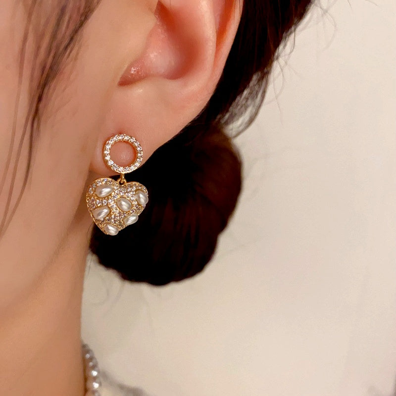 14K Gold-Plated Diamond Pearl Heart Earrings