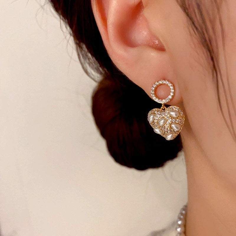 14K Gold-Plated Diamond Pearl Heart Earrings