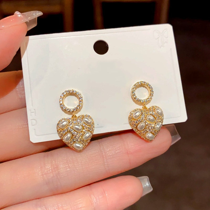 14K Gold-Plated Diamond Pearl Heart Earrings