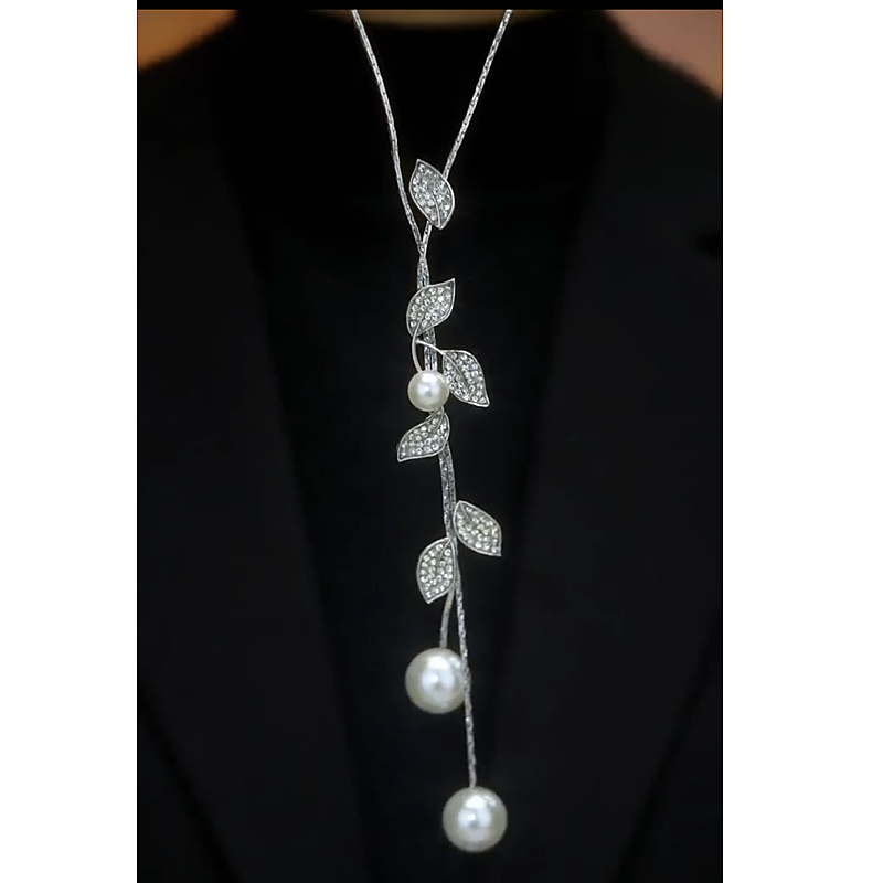 14K Gold-Plated Diamond Pearl Leaf Sweater Necklace