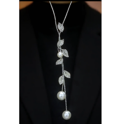 14K Gold-Plated Diamond Pearl Leaf Sweater Necklace