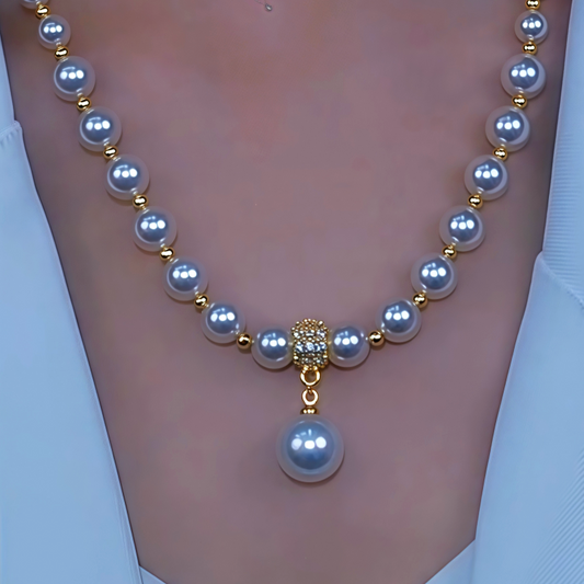 14K Gold-Plated Diamond Pearl Necklace