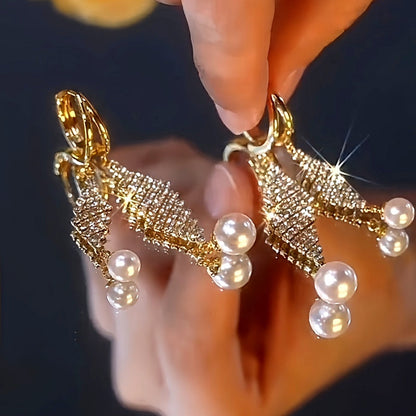 14K Gold-Plated Diamond Pearl Tassel Earrings